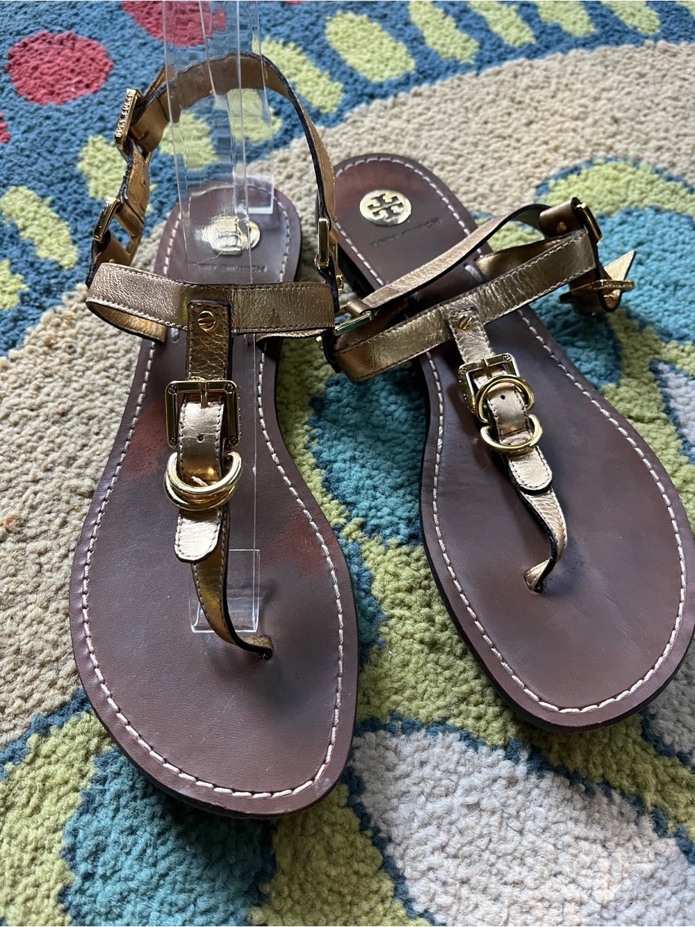 Tory Burch Metallic Gold Leather Ankle T-Strap Sandals 8.5 Excellent firm
